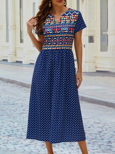 

Casual V Neck Short Sleeve Woven Dress, Flower, Midi