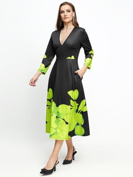 

Abstract Elegant Regular Fit Midi Dress, Black-green, Dresses