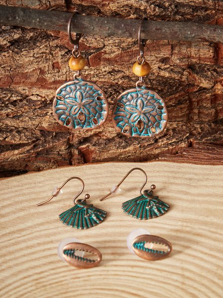 

3Pcs Retro Ethnic Shell Pattern Earring Set Bohemian Resort Style Beach Jewelry, Green, Earrings
