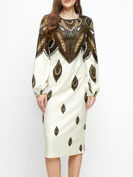 

Regular Fit Lantern Sleeve Crew Neck Ethnic Midi Dress, Beige, Dresses