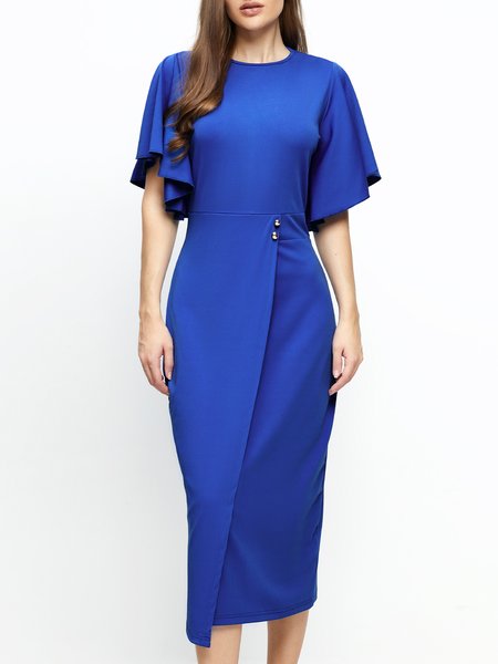 

Frill Sleeve Plain Elegant Midi Dress, Blue, Dresses