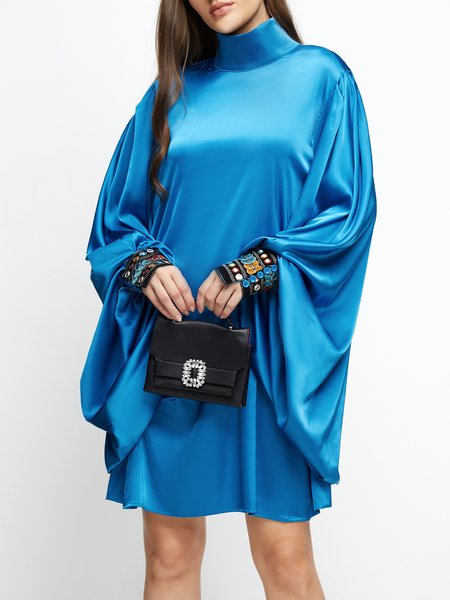 

Wedding Lantern Sleeve Plain Turtleneck Mini Dress, Blue, Cocktail Dresses