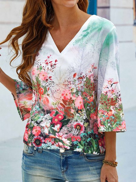 

Floral V Neck Casual Top, Multicolor, Blouses
