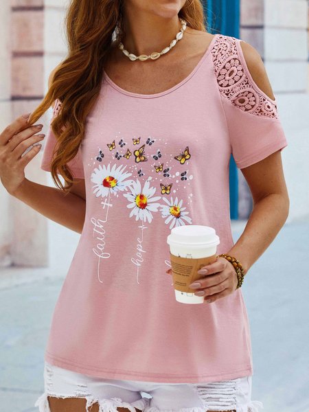 

Floral Butterfly Printed Vacation Loosen Scoop Neckline Short Sleeve T-Shirt, Pink, T-shirts