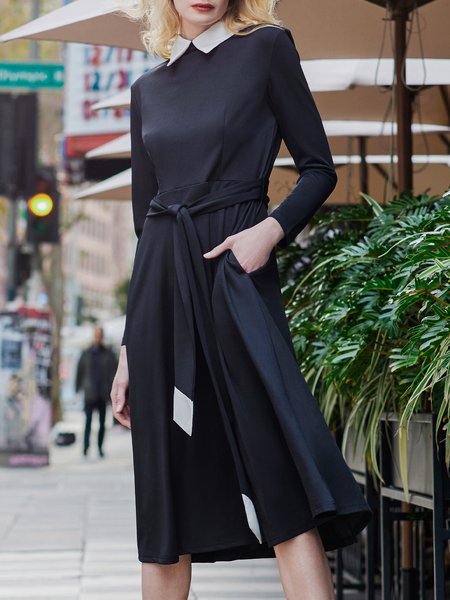 

Elegant Color Block Long Sleeve Midi Dress, Black, Dresses