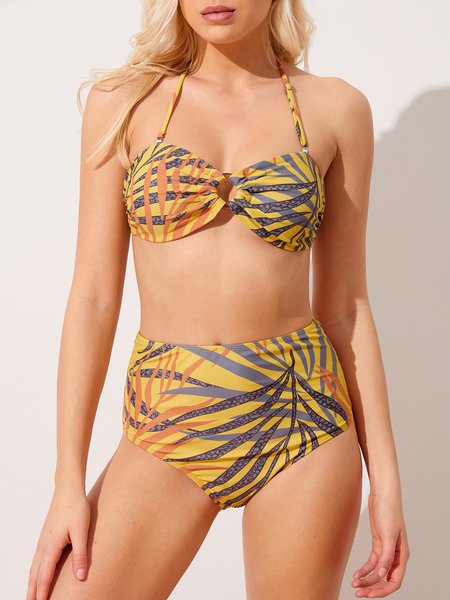 

Simple Plants Printing Strapless Bikinis Two-Piece Set, Yellow, Swimwear