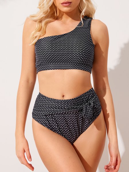 

Simple Polka Dots Printing Scoop Neck Bikinis Two-Piece Set, Black, Swimwear