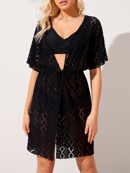 

Elegant Plain Lace Coverup, Black, Swimwear
