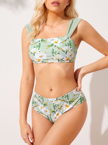 

Vacation Floral Printing Scoop Neck Bikinis Two-Piece Set, Green, Swimwear