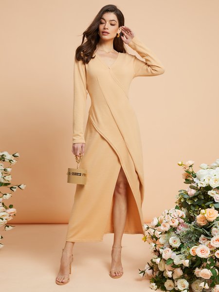 

Long sleeve Regular Fit Plain Elegant Long Dress, Light camel, Dresses