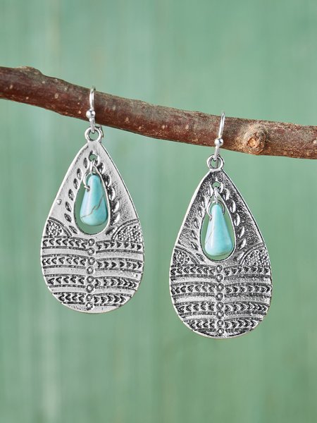 

Vintage Natural Turquoise Ethnic Pattern Embossed Earrings Boho Vacation Jewelry, Silver, Earrings