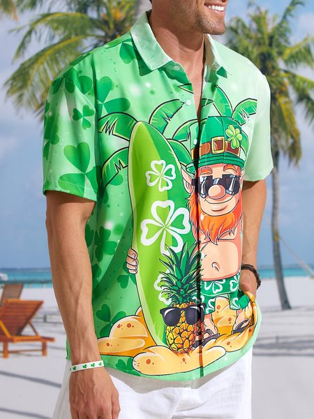 

St. Patrick's Day Beach Chest Pocket Short Sleeve Hawaiian Shirt, Green, Short Sleeve Shirts