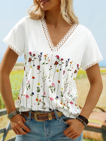

JFN V Neck Lace Neck Floral Regular Fit Casual Short Sleeve Top T-shirt/Tee, White, T-Shirts