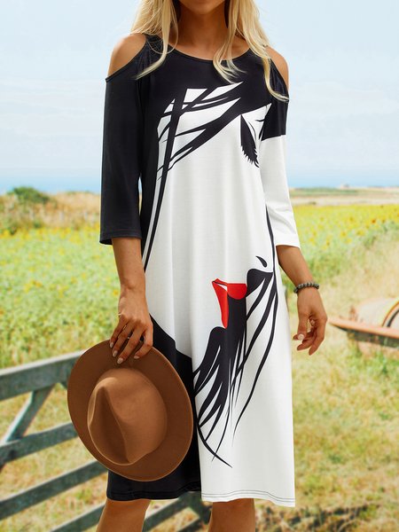 

Abstract Printed Three Quarter Off The Shoulder Casual A-line Knitting Dress, Black, Dresses