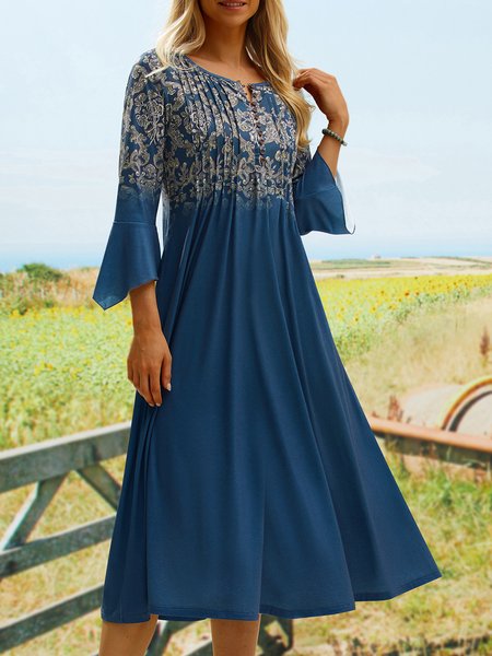 

Ethnic Loose V Neck Dress, Blue, Dresses