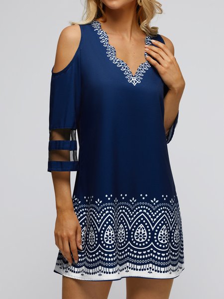 

Tribal Print Contrast Mesh Cold Shoulder Casual Dress, Navy blue, Dresses