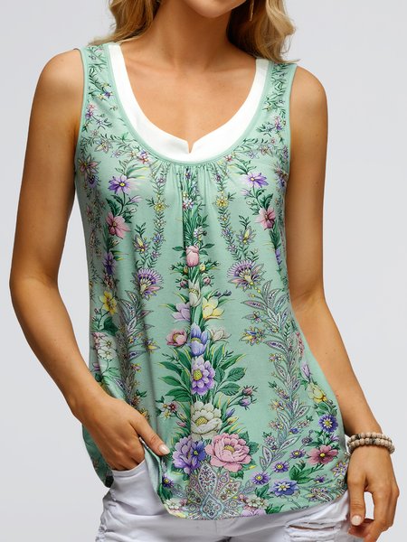 

Ladies Casual Botanical Floral Print Tank Top, Aqua, Tanks & Camis