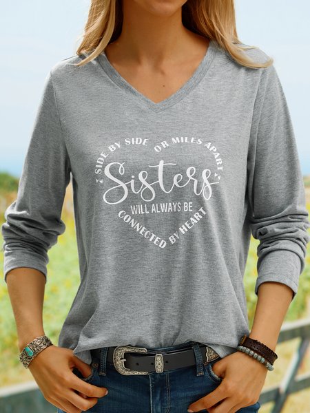 

Women Sister Text Letters Regular Fit Casual V Neck T-Shirt, Blue, T-Shirts