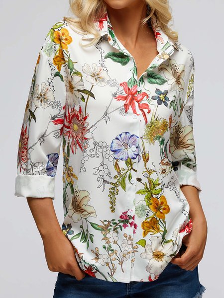 

Floral Shirt Collar Blouse, White, Shirts & Blouses