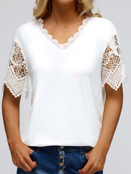 

Guipure Hollow Out Short Sleeve Top, White, Shirts & Blouses