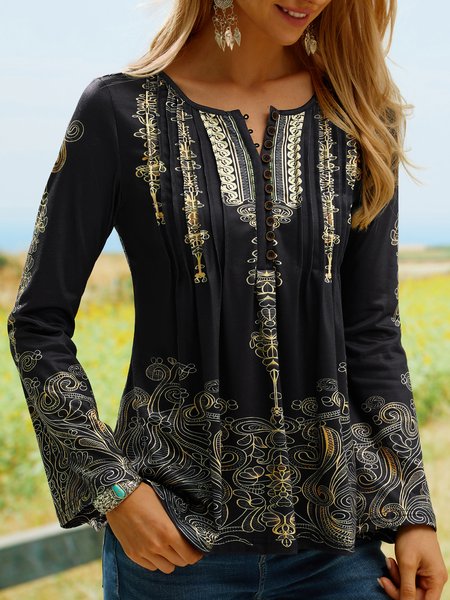 

Ethnic V Neck Casual Loose T-Shirt, Orange, T-Shirts