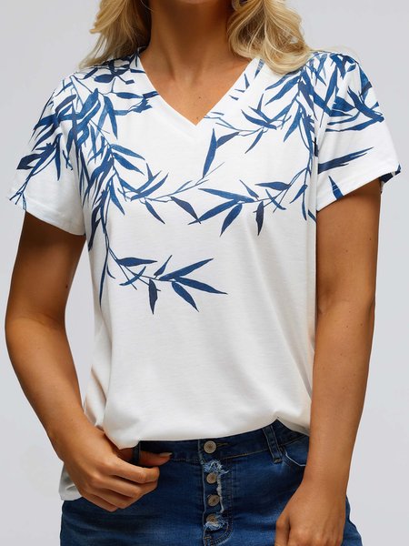 

V Neck Casual Leaf T-Shirt, Blue, T-Shirts