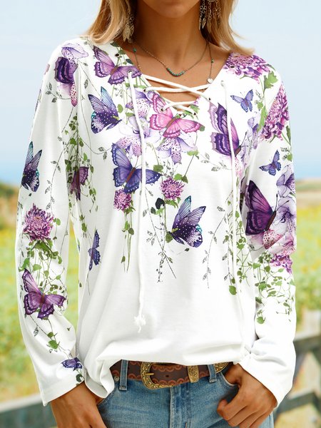 

V Neck Casual Butterfly Top, White, T-Shirts