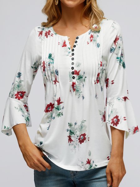 

Floral Regular Fit Casual V Neck Top, White, T-Shirts