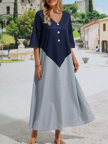 

Loose Vintage Striped Print V-Neck Half-Sleeve Maxi Dress, Dark blue, Dresses