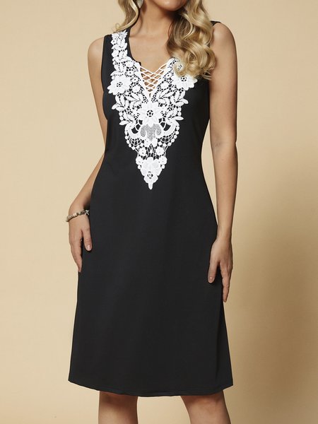 

Elegant Contrast Lace Sleeveless Casual Dress, Black, Dresses