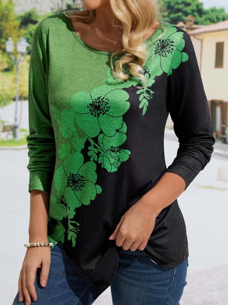 

Round Neck Long Sleeve Loose Top in Contrast Floral Design, Green, T-Shirts