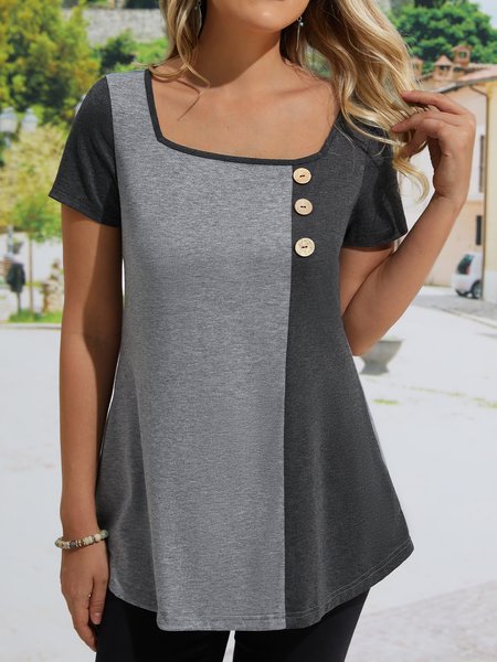 

Casual Contrast Panel Square Neck Short Sleeve T-Shirt, Gray, T-Shirts