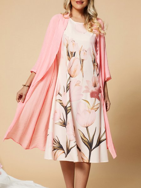 

Casual Vacation Floral Regular Fit Crew Neck Two-Piece Set, Pink, Suit Set