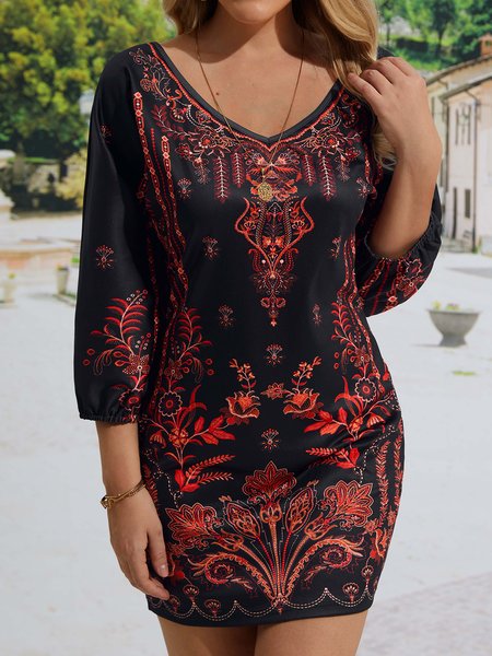 

Casual Loose V Neck Ethnic Dress, Multicolor, Dresses