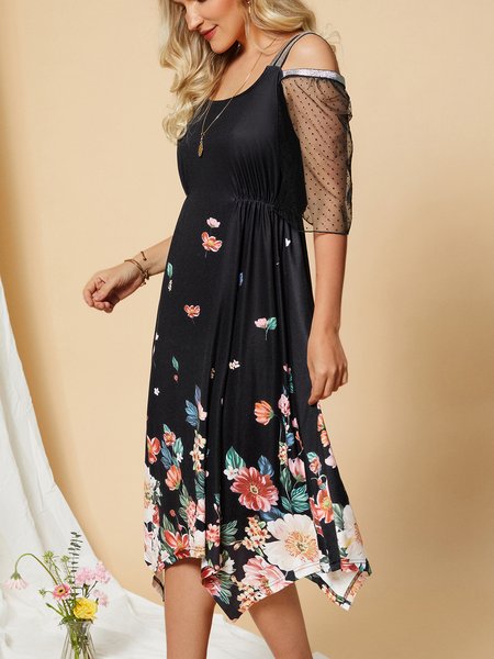 

Floral Square Neck Dress, Black, Dresses