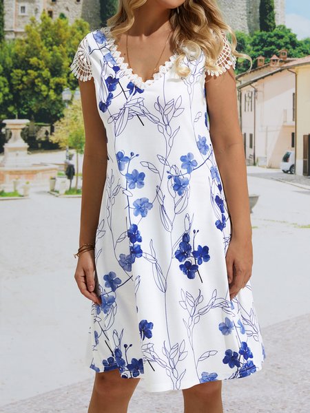 

Vacation Floral Lace V Neck Dress, White, Dresses