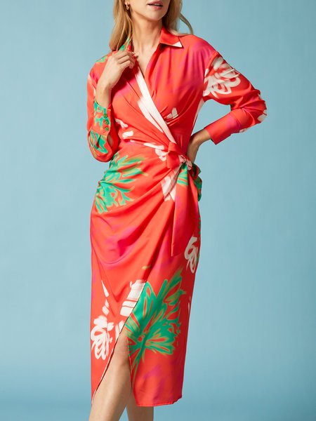 

Vacation Shirt Collar Long Sleeve Floral Printed Dress, Orange, Dresses