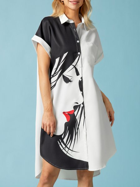 

Stylewe Shirt Collar Short Sleeve Print Figure Abstract Shirt Dress, Black, Dresses