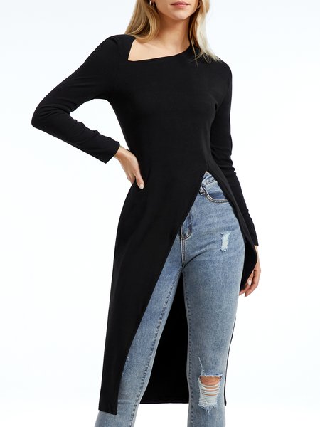 

Stylewe High Elasticity Asymmetrical Long sleeve Plain Urban Tight Mid-long Top, Black, Blouses and Shirts