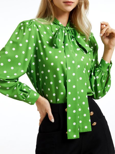 

Green Loose Polka DotsLong sleeve Elegant Stand H-Line Collar Top, Tops