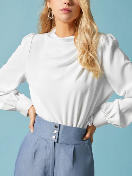 

Stylewe Stand Collar Elegant Plain Regular Fit Blouse, White, Blouses and Shirts