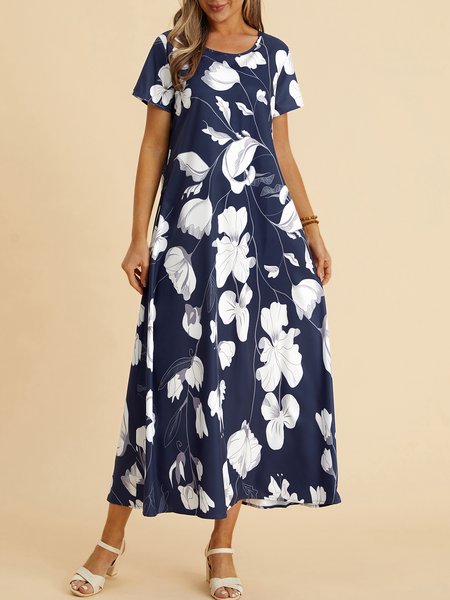 

Cotton Blends Floral Loosen Short Sleeve Woven Dress, Blue, Dresses