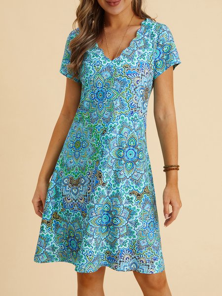 

Paisley V Neck Loosen Short Sleeve Knit Dress, Green, Dresses