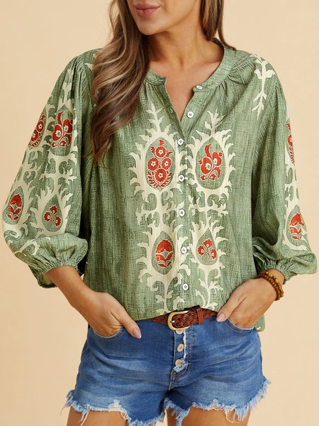 

Loose V Neck Ethnic Casual Top, Green, Shirts & Blouses