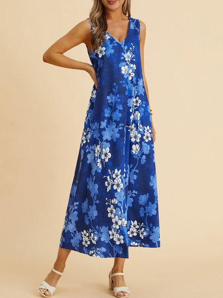 

Vacation V neck Regular Fit Floral Dress, Dark blue, Dresses