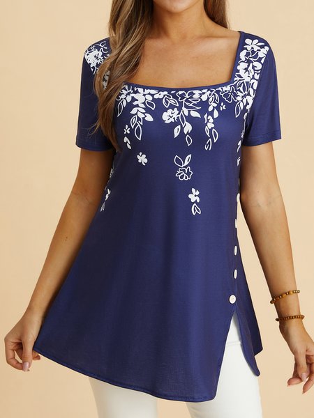 

Floral Square Neck Loose Boho Top, Black, Shirts & Blouses