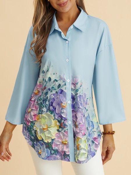 

Shirt Collar Shift Cotton Long Sleeve Blouse, Blue, Shirts & Blouses