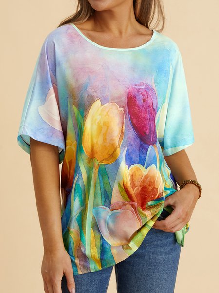 

Crew Neck Vacation Short Sleeve Blouse, Multicolor, Shirts & Blouses