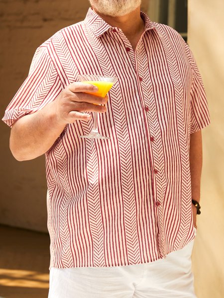 

Big Size Retro Striped Chest Pocket Short Sleeve Shirt, Red, Men Shirts