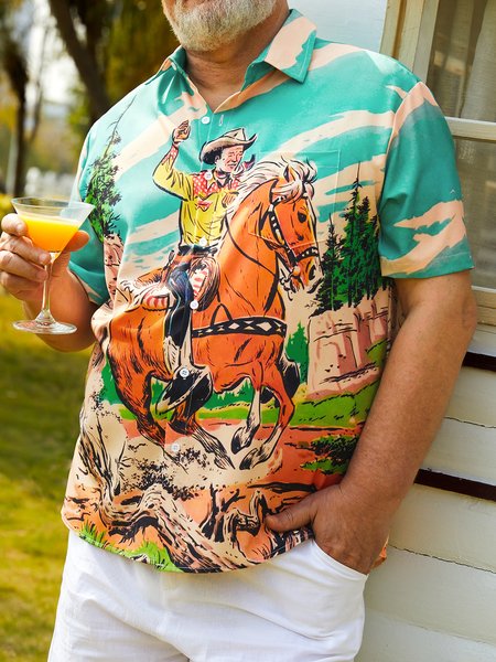 

Big Size Western Cowboy Chest Pocket Short Sleeve Casual Shirt, Cyan, Men Shirts